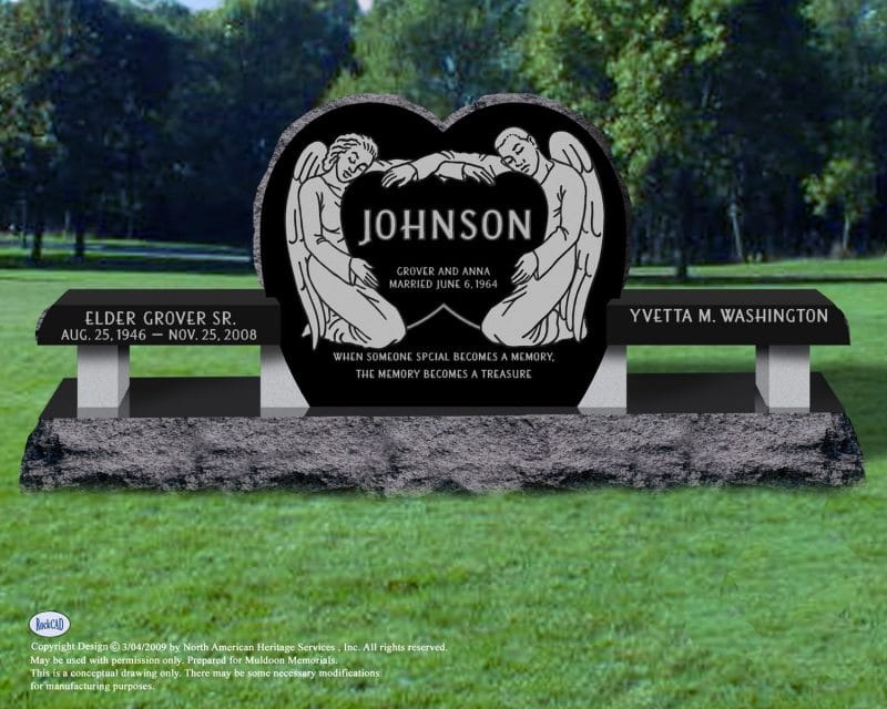 Johnson Black Bench Tombstone with Heart Tablet and Angels Center