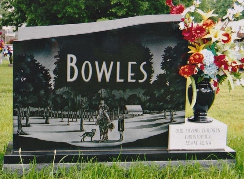 Bowles Headstone with Horseback Riding on Farm Etching